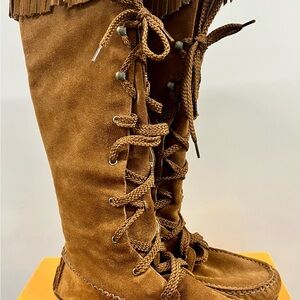 Brown Suede Lace-Up Knee-High Boots